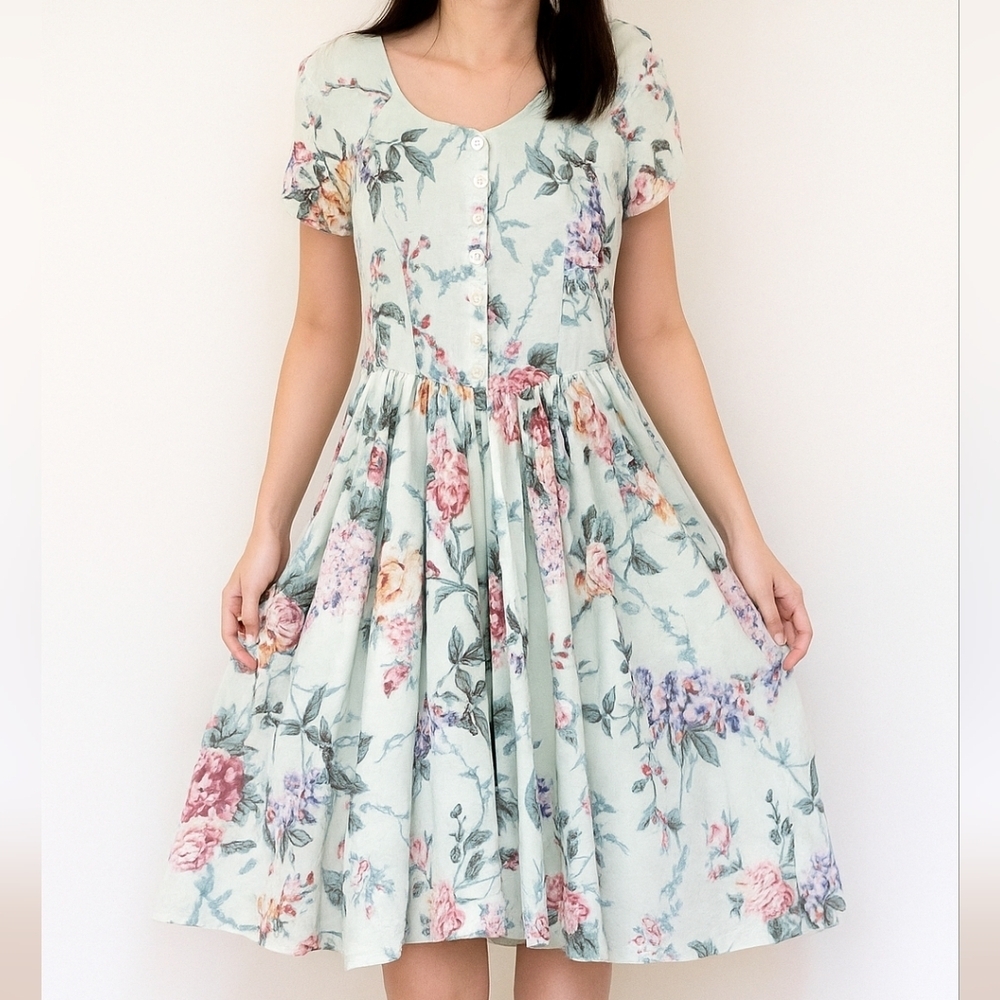 Vintage 80s Karen Alexander Floral Roses Midi Dress XL Cottagecore, Prairie